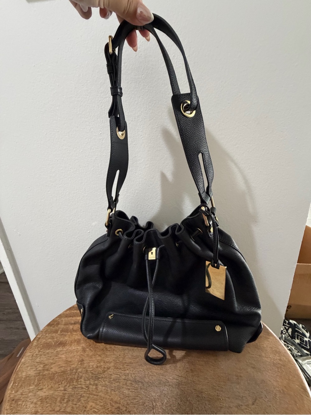 Vince Camuto Black Drawstring Shoulder Bag with Gold Hardware